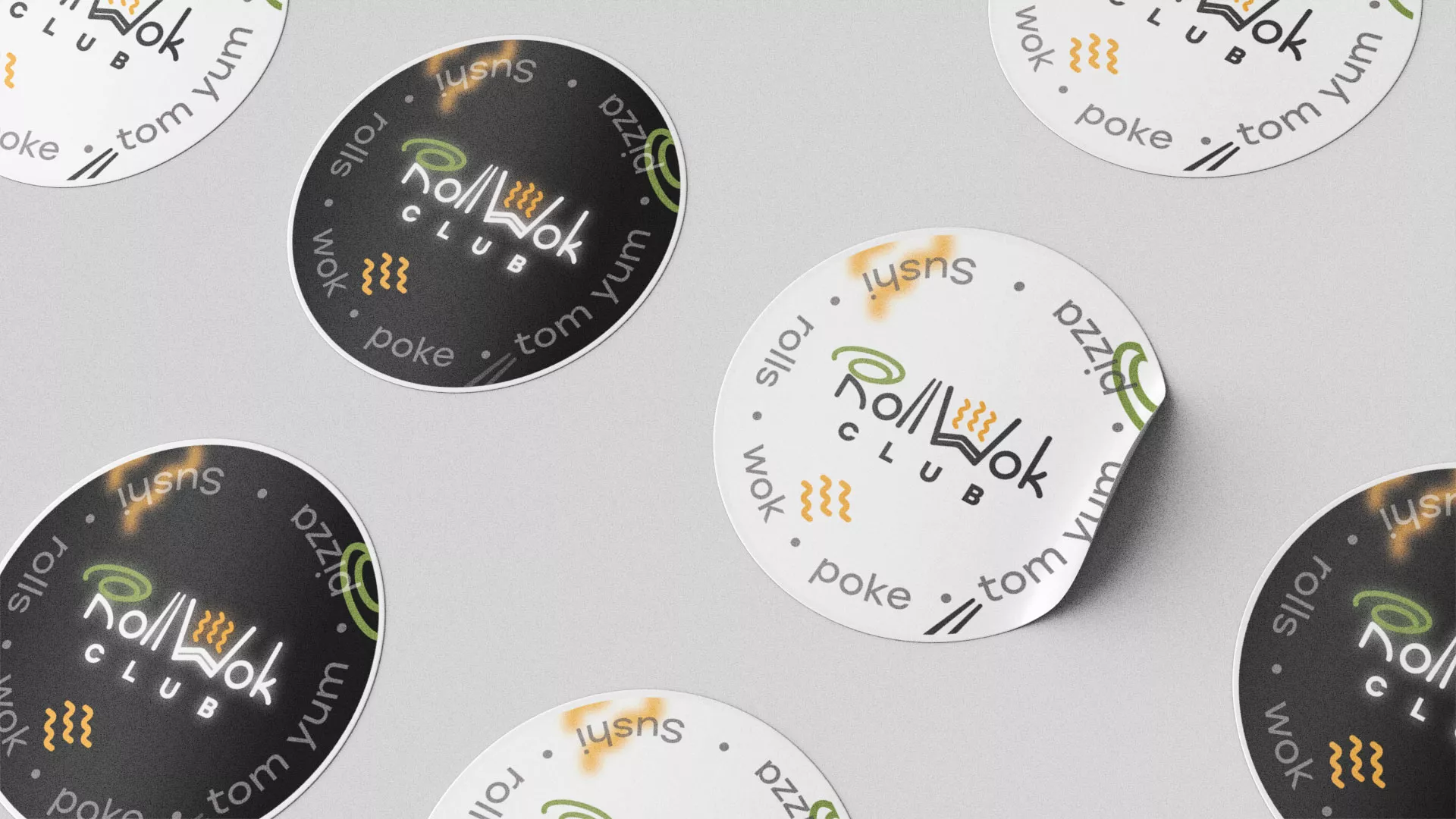 Разработка дизайна наклеек для суши-бара «Roll Wok Club» в Белоозёрском